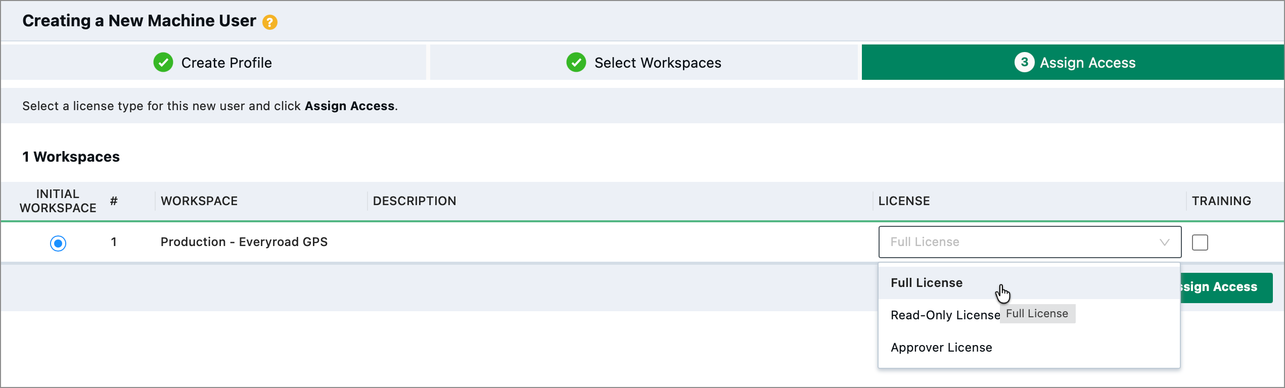 The Arena Create Machine User workflow, showing the third step, in which the administrator selects an access level for the Machine User