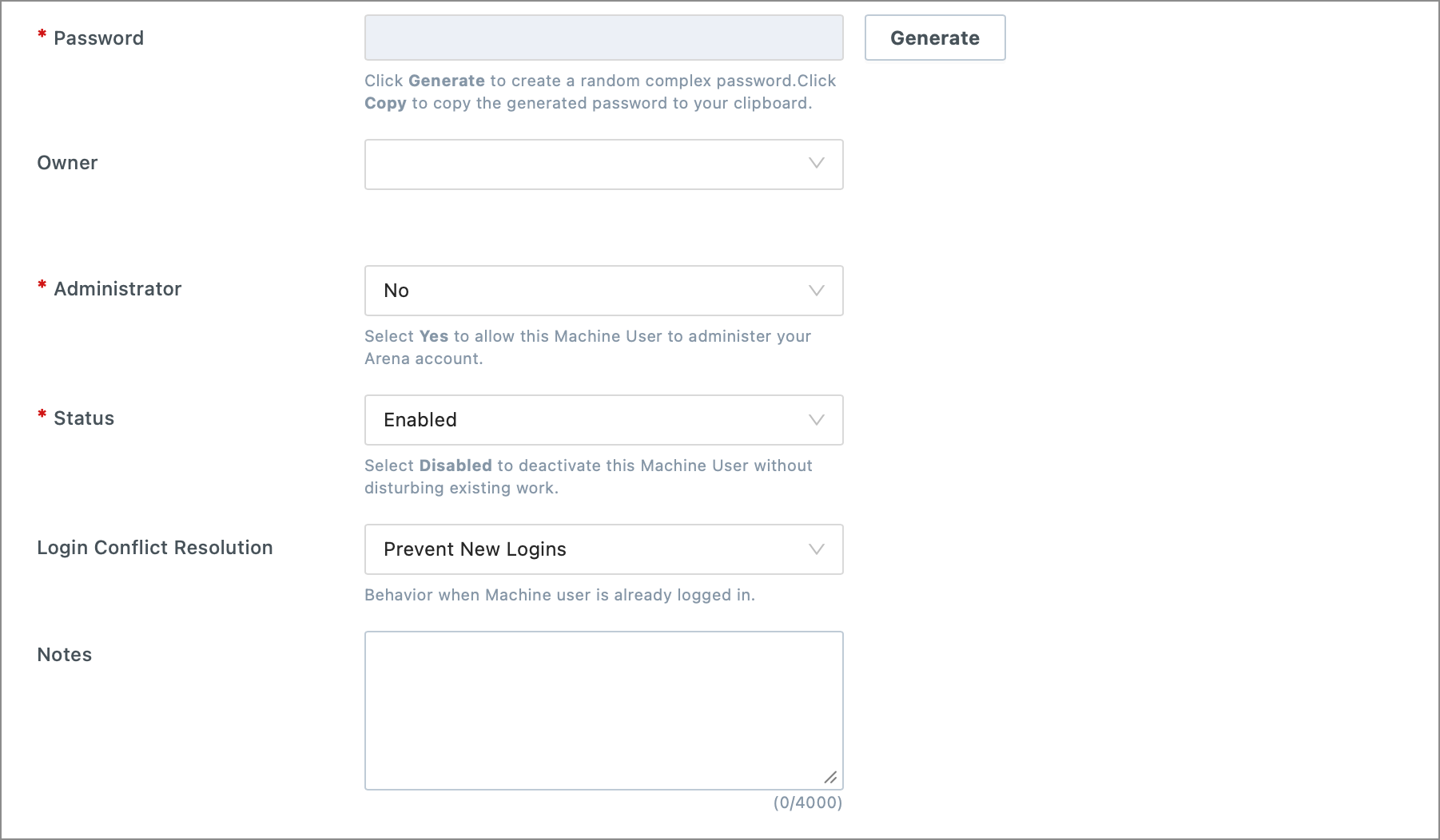 The Arena Create Machine User workflow, showing the first step, with the Password, Owner, Administrator, Status, Login Conflict Resolution, and Notes attributes shown in the image